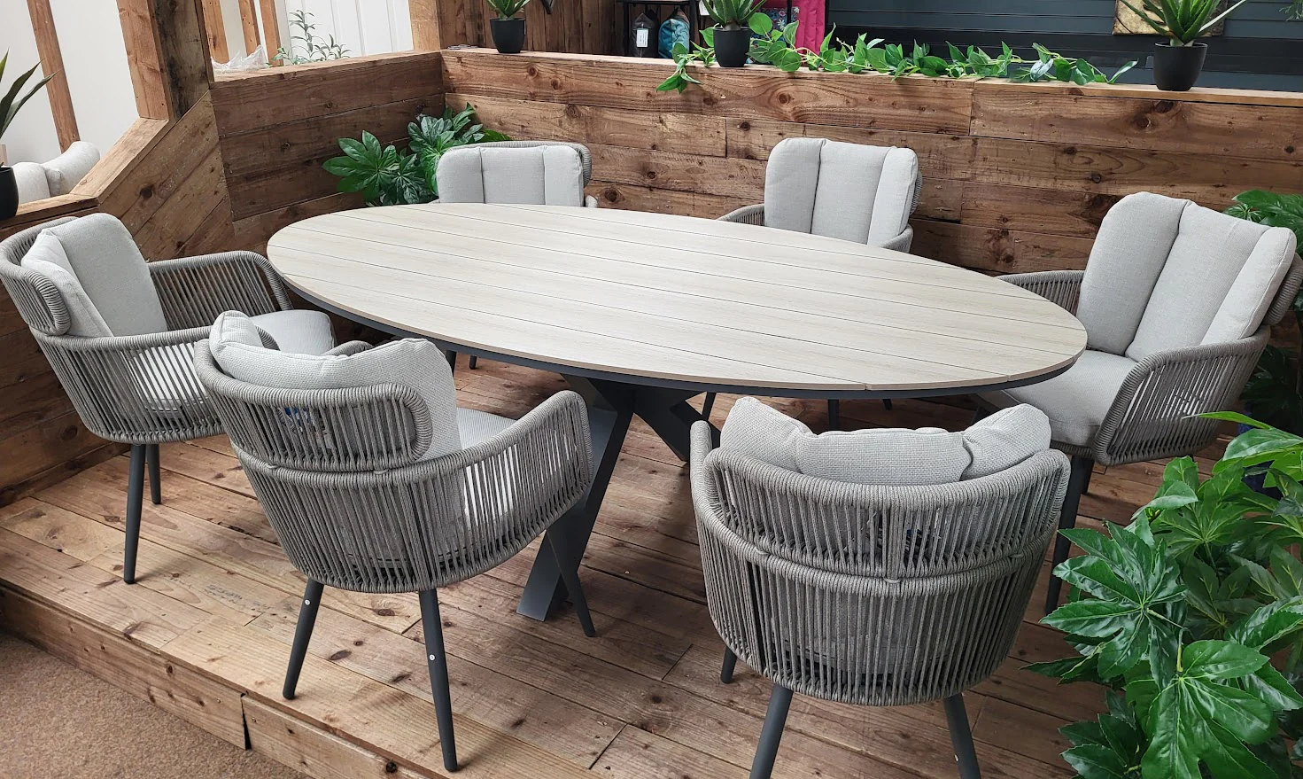Edison 6 Seat Oval Dining Set with Grey Linares Chairs | Garden Impressions - Image 2