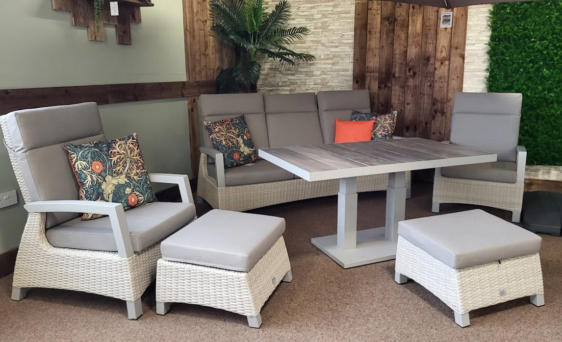 Outdoor Reclining Lounge Set with 140cm Rising Table - All Weather - ECRU/Natural | Kendal by Vila
