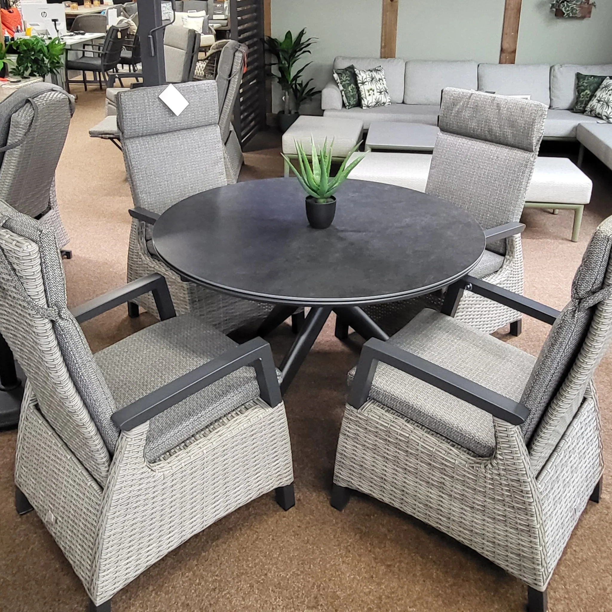 Kendal 4 Seat 120cm Sintered Stone Round Dining - Grey with All Weather Cushions in Pewter | Vila