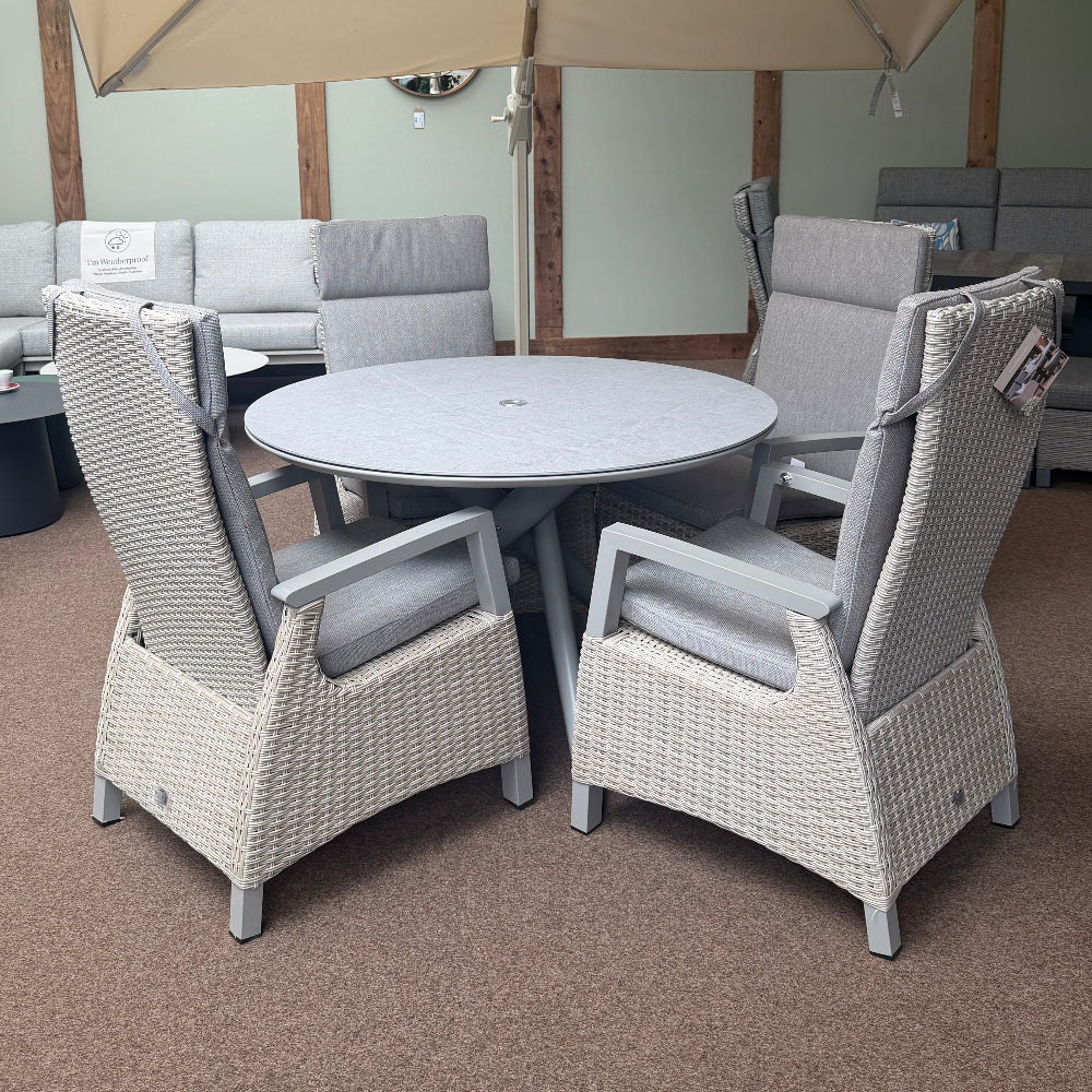 Kendal 4 Seat 120cm Sintered Stone Round Dining - Natural with All Weather Cushions in Ecru | Vila