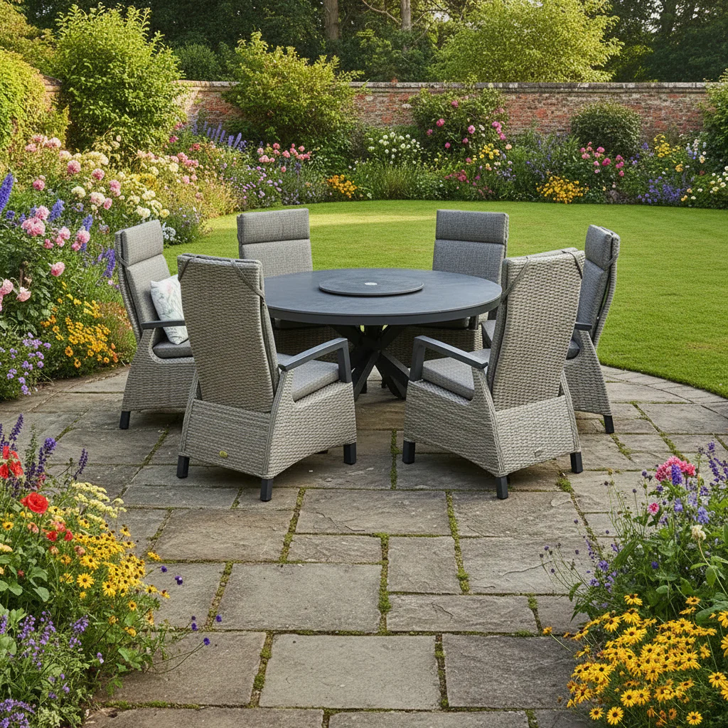 Kendal 6 Seat 150cm Sintered Stone Round Dining - Grey with All Weather Cushions in Pewter | Vila