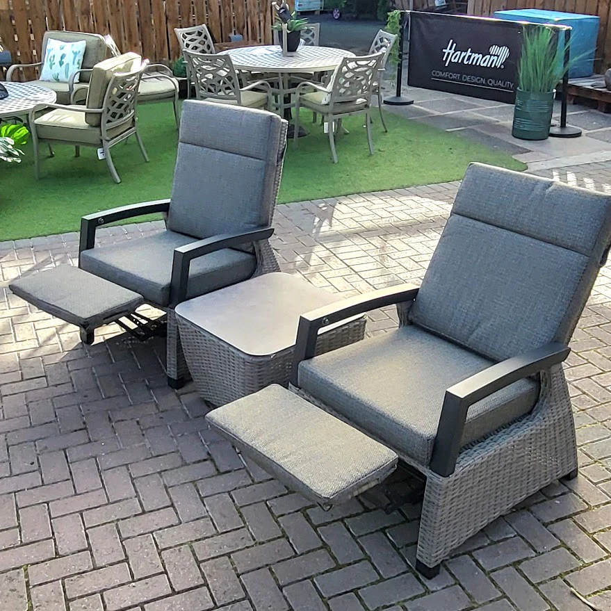 Kendal Reclining Lounge Bistro in Grey With Rattan Side Table - All Weather Cushion | Vila