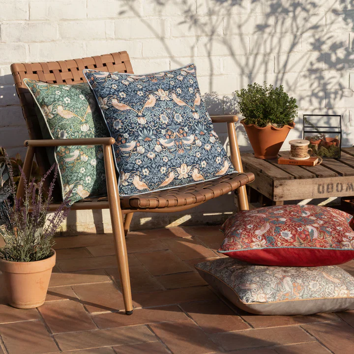 Strawberry Thief Piped Outdoor Cushion Indigo - Morris & Co