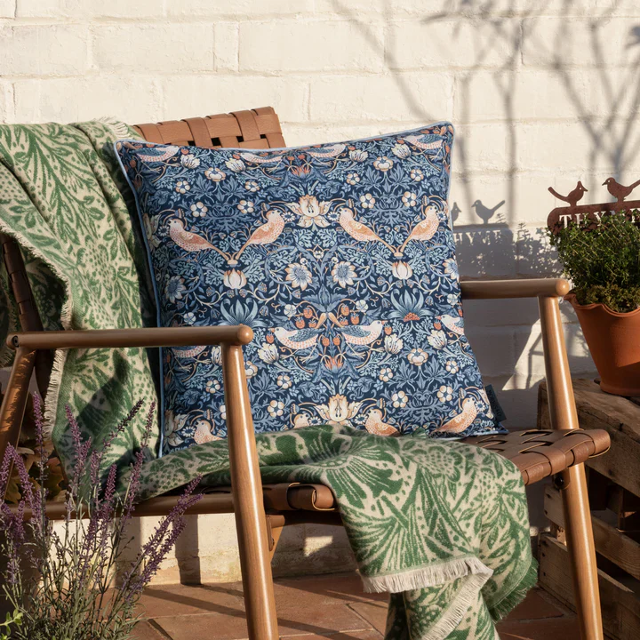 Strawberry Thief Piped Outdoor Cushion Indigo - Morris & Co - Image 6